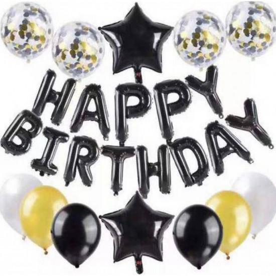 Set baloane Happy Birthday negru si auriu Set baloane Happy Birthday negru si auriu