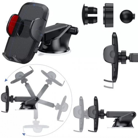 Suport auto pentru telefon reglabil, rotire 360 ° universal, sistem prindere bord si parbriz, prindere ferma si sigura, Negru Suport auto pentru telefon reglabil, rotire 360 ° universal, sistem prindere bord si parbriz, prindere ferma si sigura, Negru