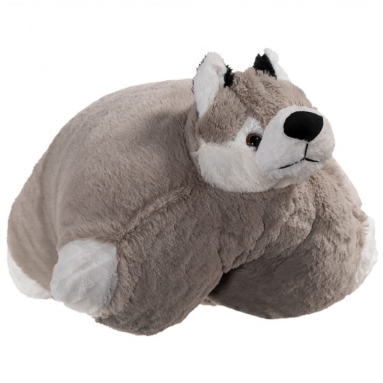 Perna decorativa in forma catel husky din plus gri cu alb 50 cm